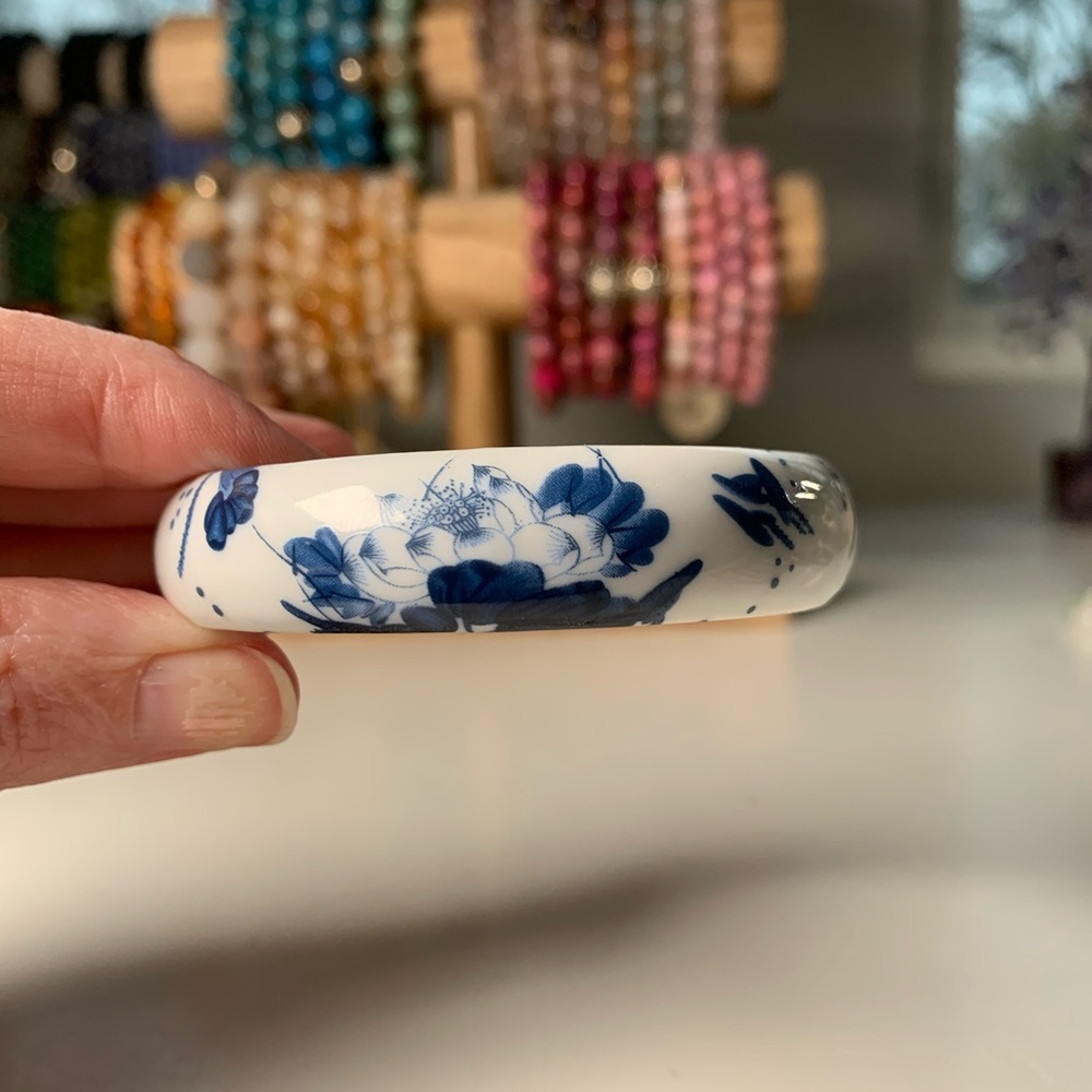 Ceramic Floral Blue and White Bangle Bracelet